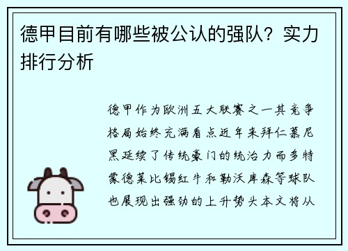 德甲目前有哪些被公认的强队？实力排行分析